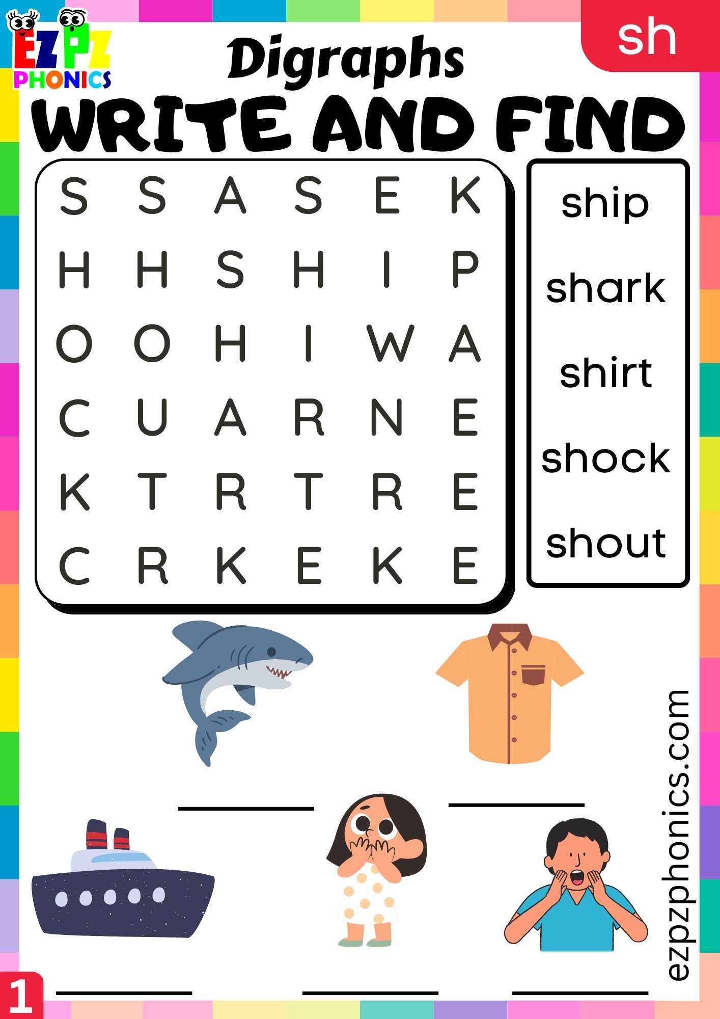 Group1 SH Words Write And Find Consonant Digraphs Phonics Beginning Worksheet